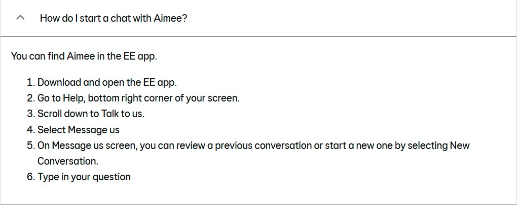Where to find EE live chat on its official site
