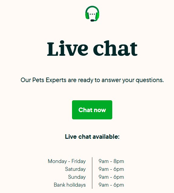 Where to find Pets at Home live chat on its official site