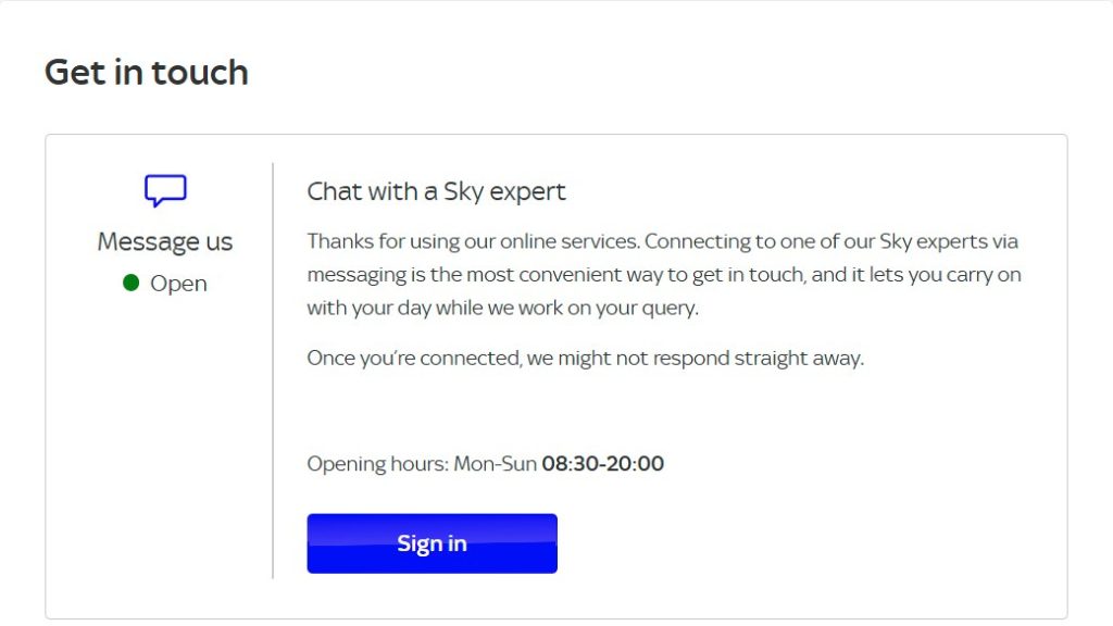 Where to find Sky live chat on its official site