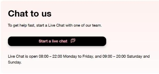 Where to find Three live chat on its official contact page
