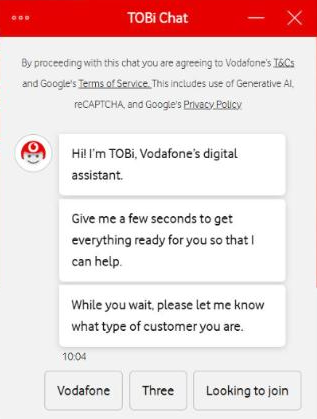 Where to find Vodafone live chat on its official contact page
